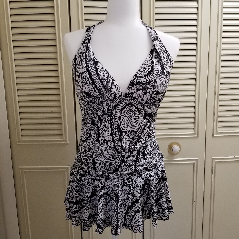 women's Lg, rose marie reid, black/white swimsuit